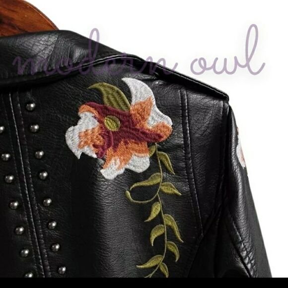 Leather Floral/accented Faux leather Moto Jacket sz L 8-10 XXL 14-16 - Picture 13 of 16